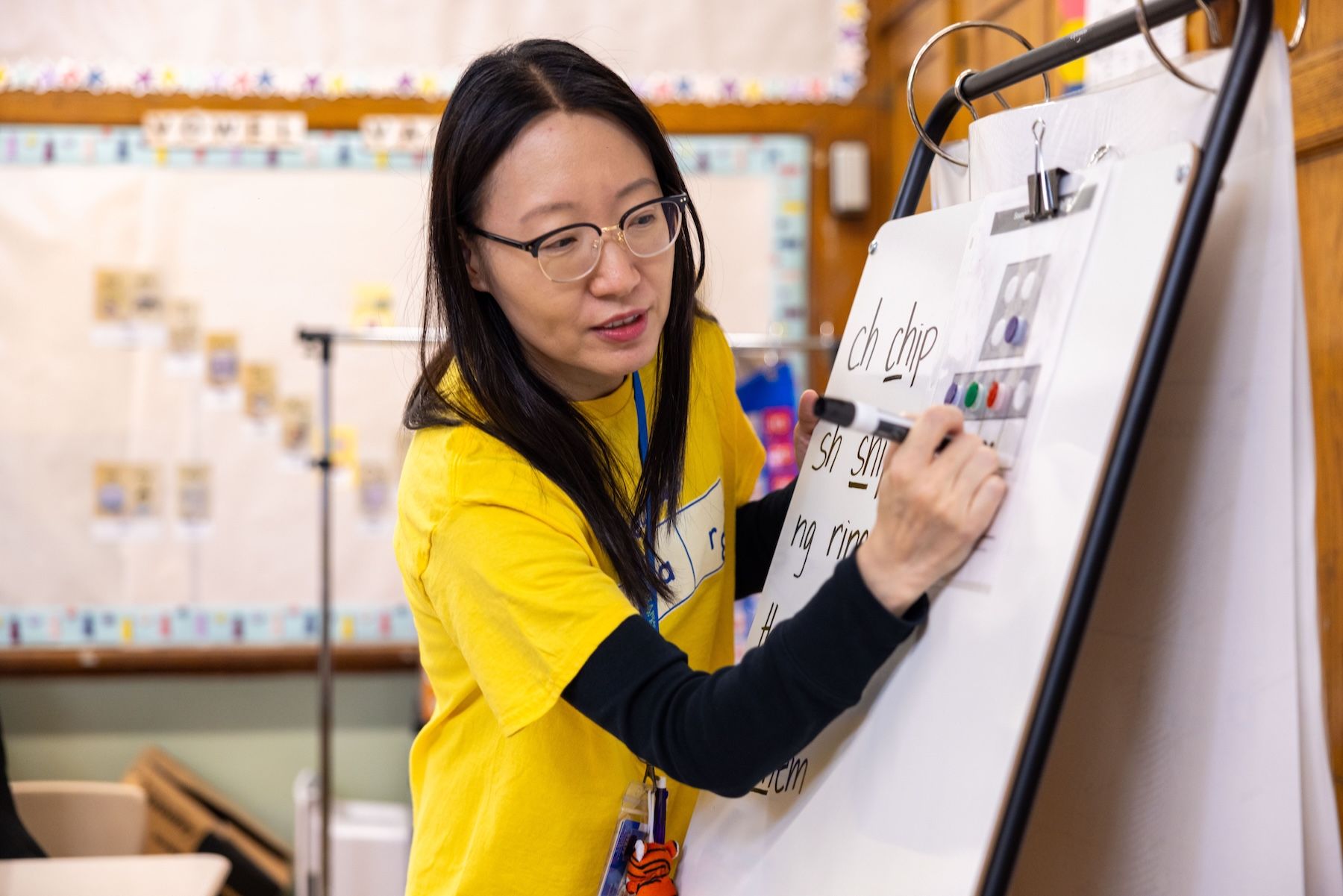 A teacher writing on a white board during a Reading Ready lesson